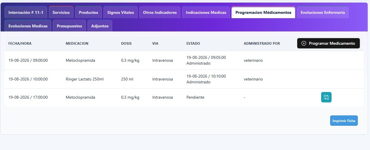 Programación de medicamentos con dosis administradas y pendientes